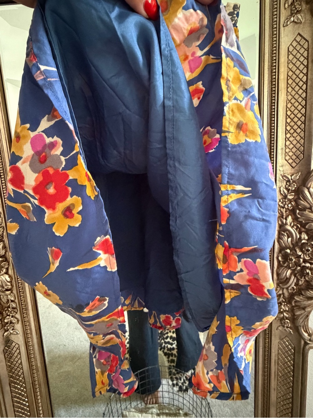 Silk Floral Midi Skirt in Navy with Multicolor Blooms - Picture 2 of 5